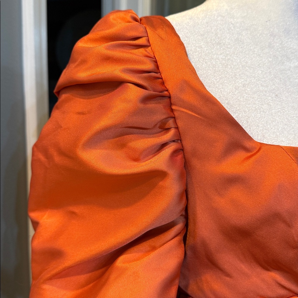 Asos Luxe Satin Babydoll Blouse Ruffle Blouson Sleeve Cinnamon Long Size 6 NWT - Picture 6 of 12